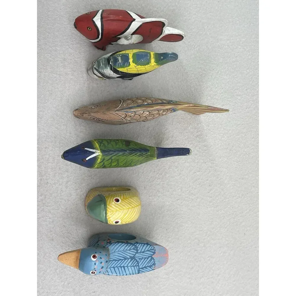 Hand Carved Wood Napkin Rings Set Fish Bird Folk Art Boho Table Decor